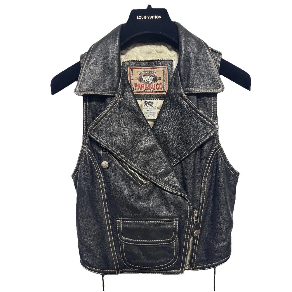 Vintage Parasuco Leather Vest Women Black Biker Motorcycle Lace Up 90s Y2k